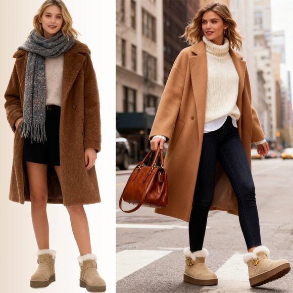 Women's Snow Winter Warm Hook Loop Ankle Faux Fur Lining Tan Booties Shoes - Picture 6 of 6